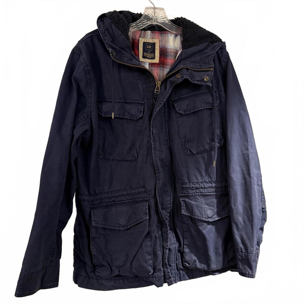 PENDLETON/GAP Collab Navy/ Red Tartan Hooded Barn Coat  Mens SZ M.‎ Cabin Core
